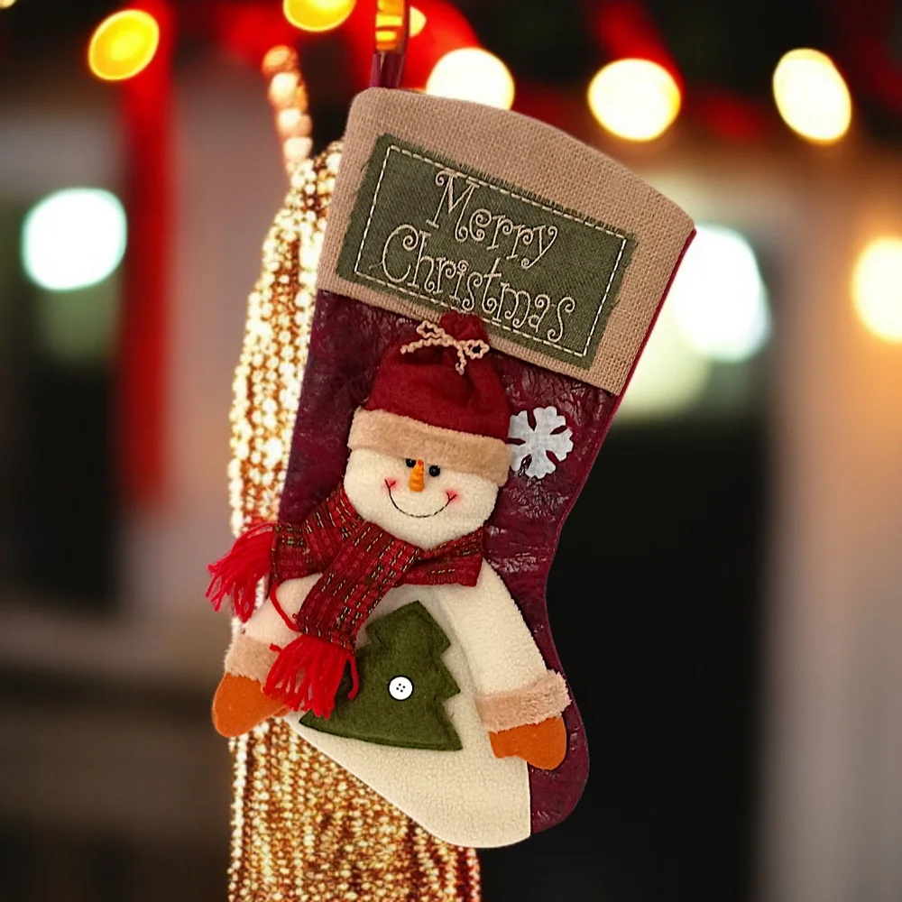3D Snowman‎ Plush Christmas Stocking Felt Merry Christmas Embroidery Farmhouse